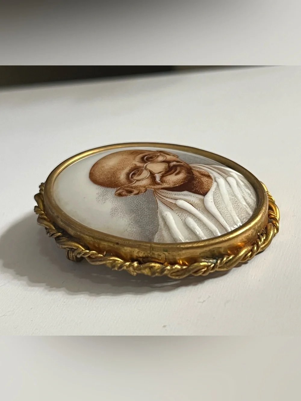 Limoges France Brooch Mahatma Gandhi Porcelain Hand-Painted, Gold Gilt Frame